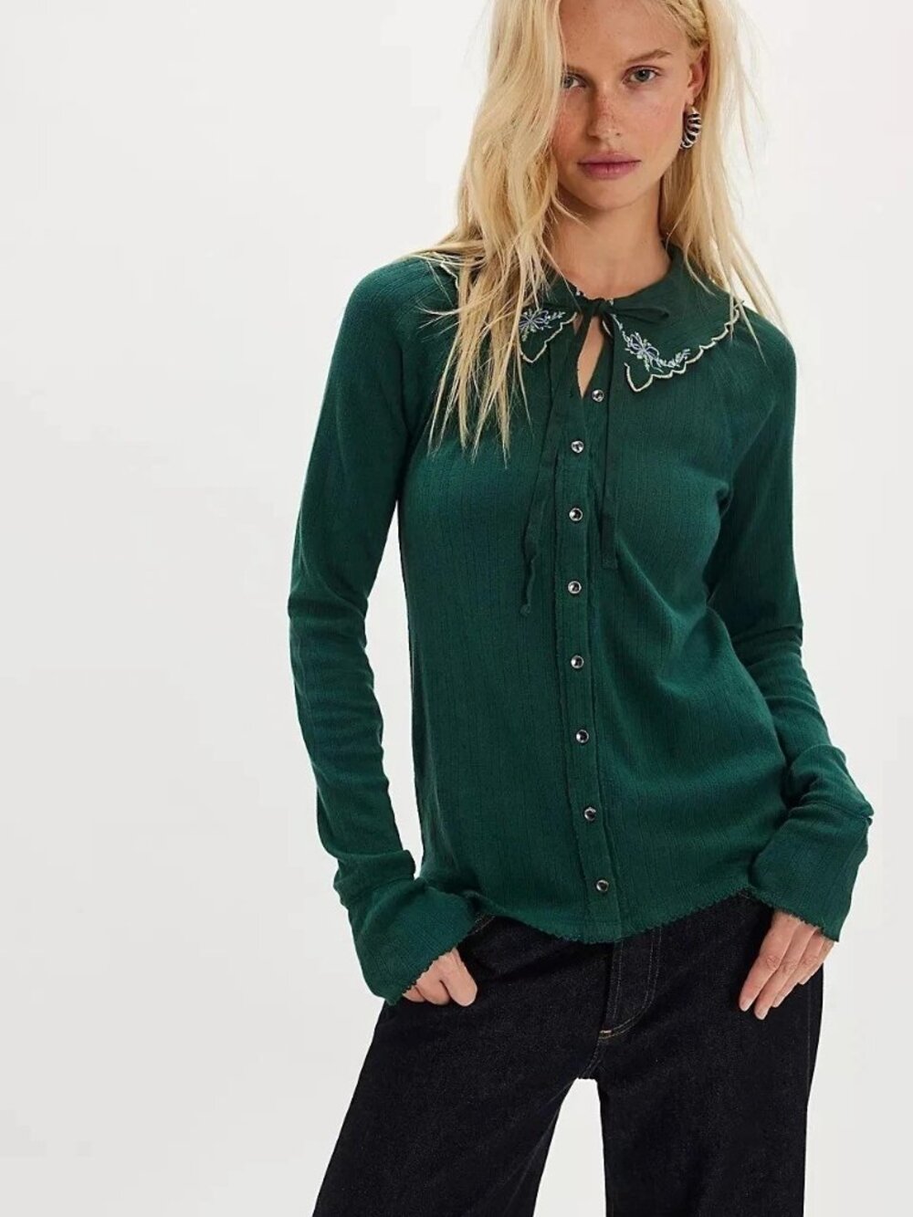 Free People Juniper Long Sleeve Cardi Top Buttondown Embroidered XS 284615